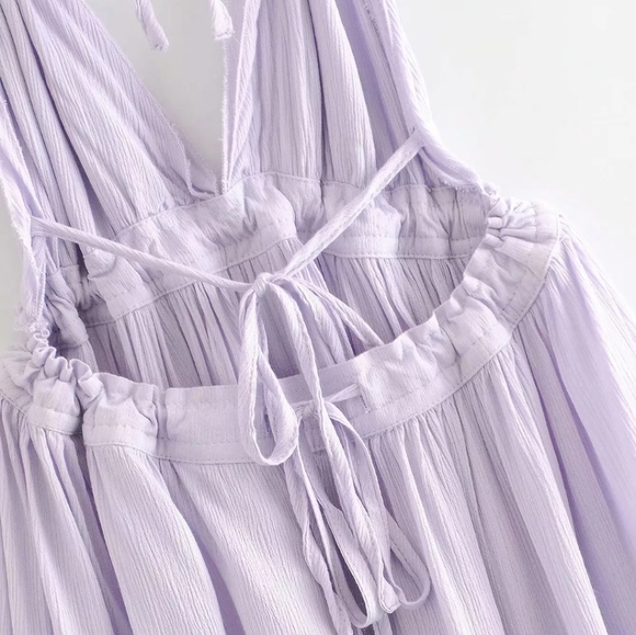 Lilac Layered Mesh Skirt Backless Halter Boho Beach Mini Dress - Picture 11 of 16